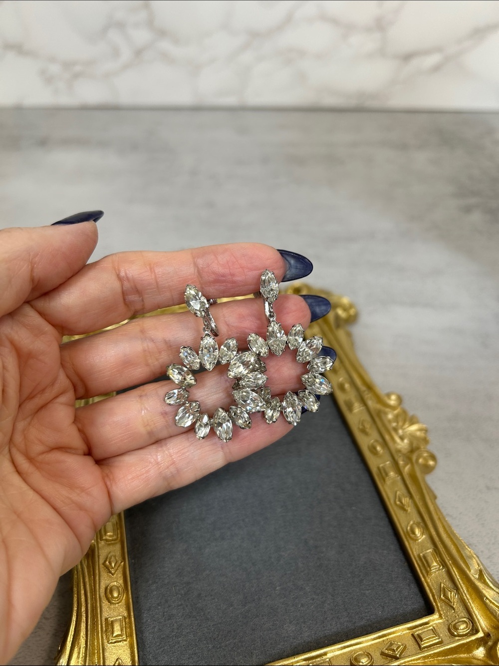 Vintage Crystal Marquise Hoop Earrings Screw Backs- Silver Tone